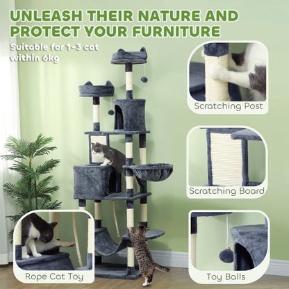 206cm Cat Tree with Scratching Posts, Beds, Condos, Toys, Dark Grey