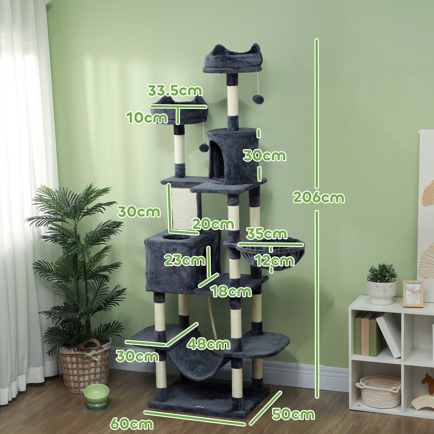 206cm Cat Tree with Scratching Posts, Beds, Condos, Toys, Dark Grey