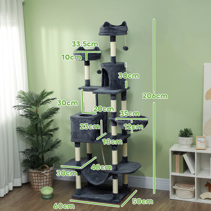206cm Cat Tree with Scratching Posts, Beds, Condos, Toys, Dark Grey