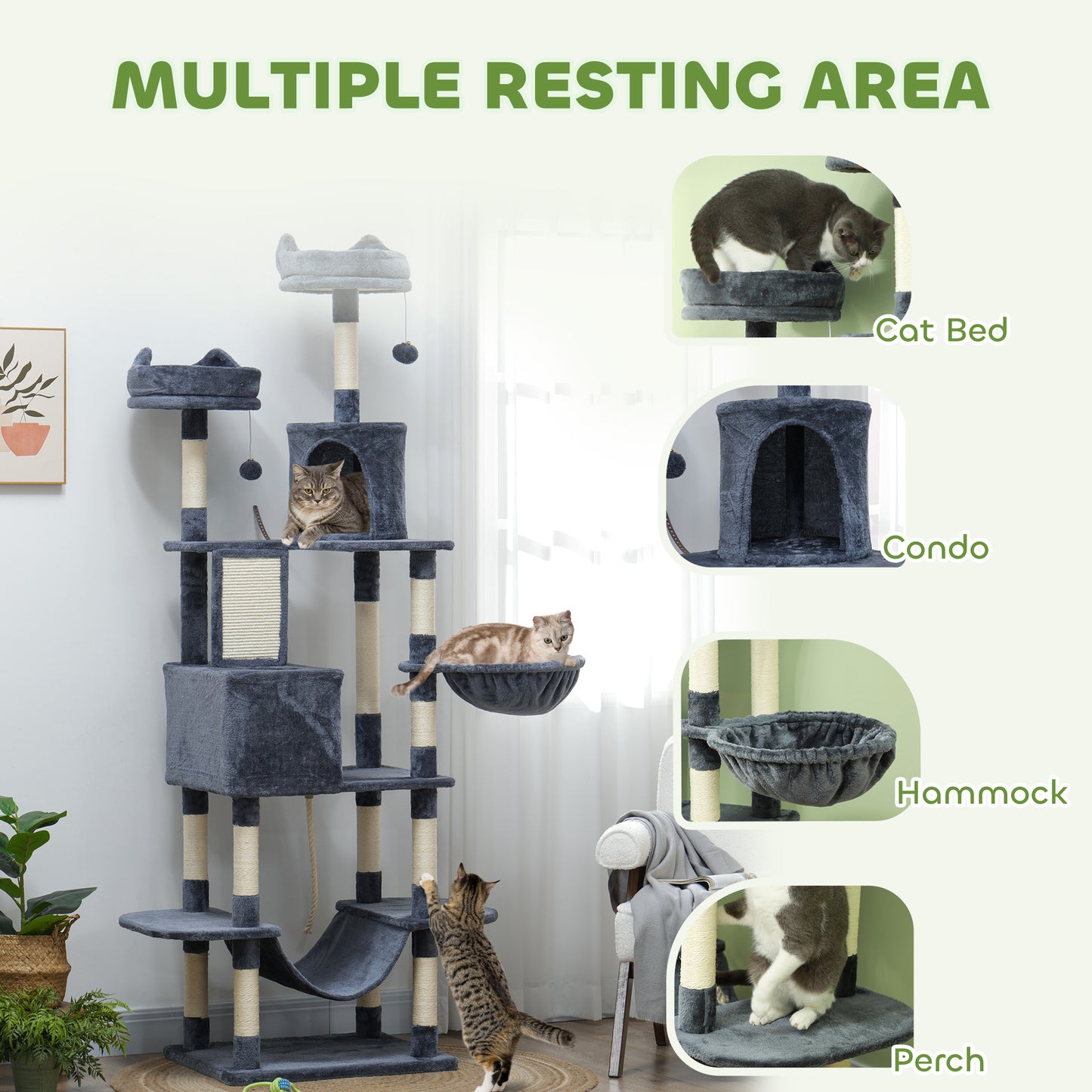 206cm Cat Tree with Scratching Posts, Beds, Condos, Toys, Dark Grey
