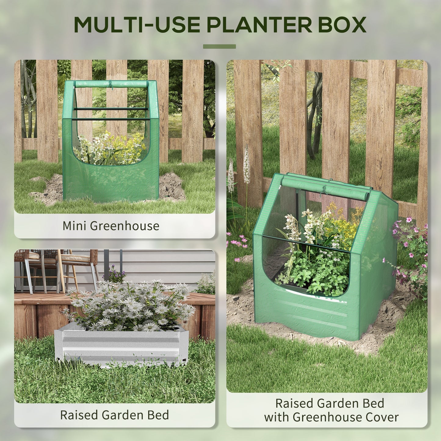 Raised Garden Bed Planter Box with Greenhouse, Green and Silver