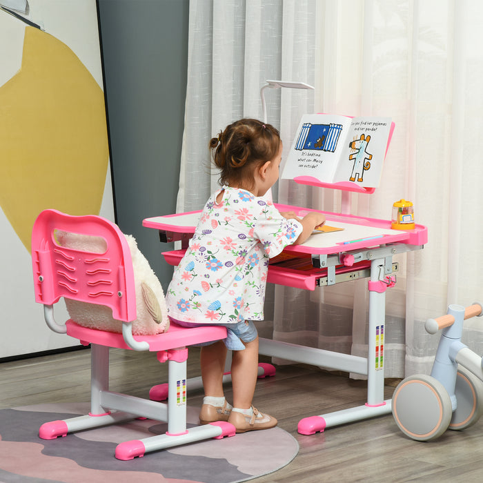 Kids Desk and Chair Set, Height Adjustable Study Desk with USB Lamp, Storage Drawer for Study, Pink and White