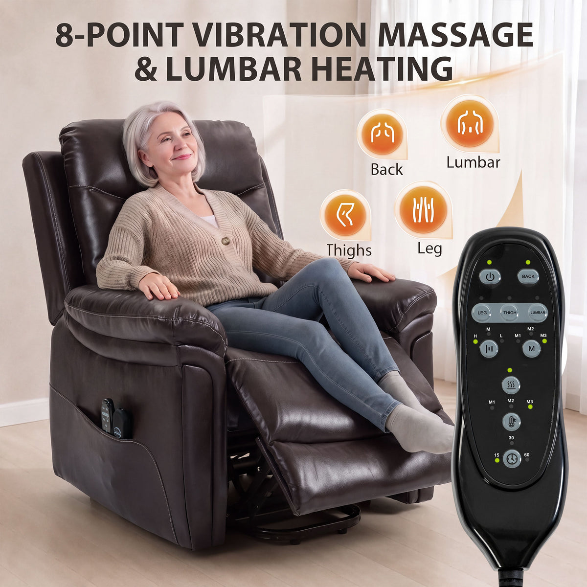 Faux Leather Electric Riser Recliner with 8-Point Massage and Heat - Brown