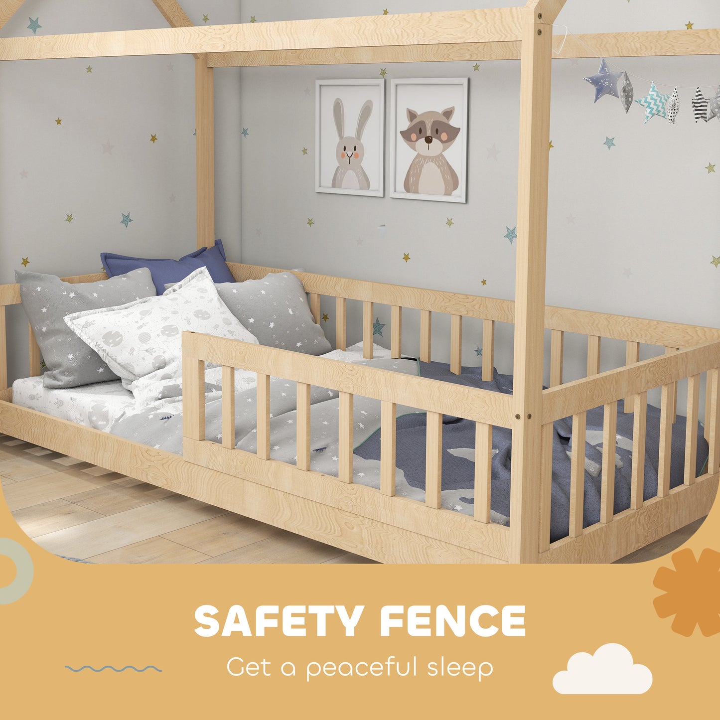 House-Shaped Kids Bed Frame Solid Pine Wood with Guard Rails, Natural