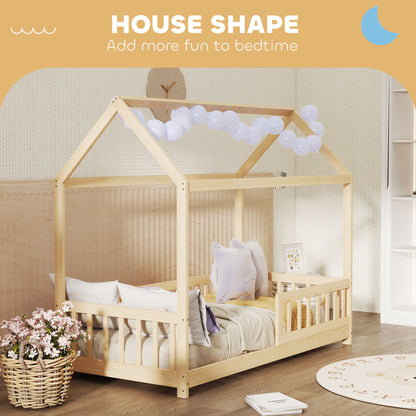 House-Shaped Kids Bed Frame Solid Pine Wood with Guard Rails, Natural