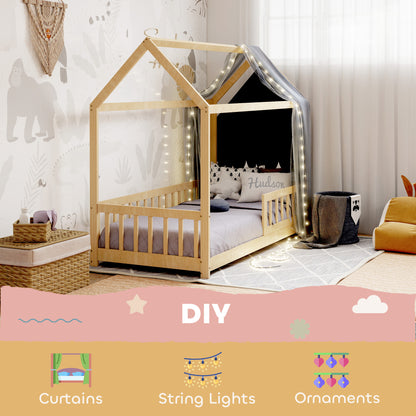 House-Shaped Kids Bed Frame Solid Pine Wood with Guard Rails, Natural