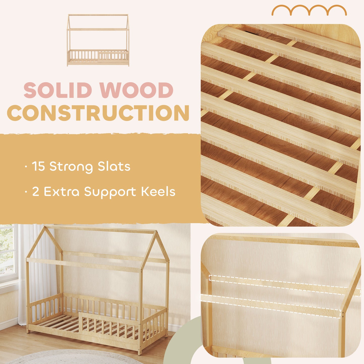 House-Shaped Kids Bed Frame Solid Pine Wood with Guard Rails, Natural