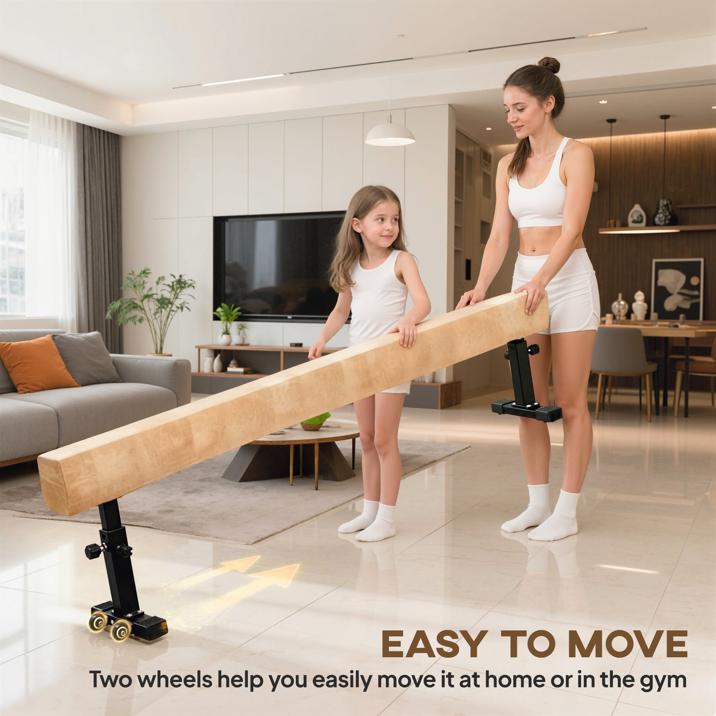 Adjustable Balance Beam Gymnastics Beam with Wheels for 6+ Years