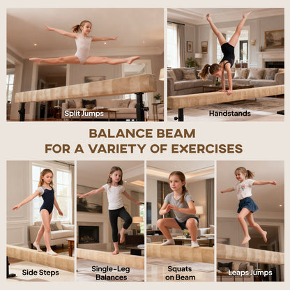 Adjustable Balance Beam Gymnastics Beam with Wheels for 6+ Years