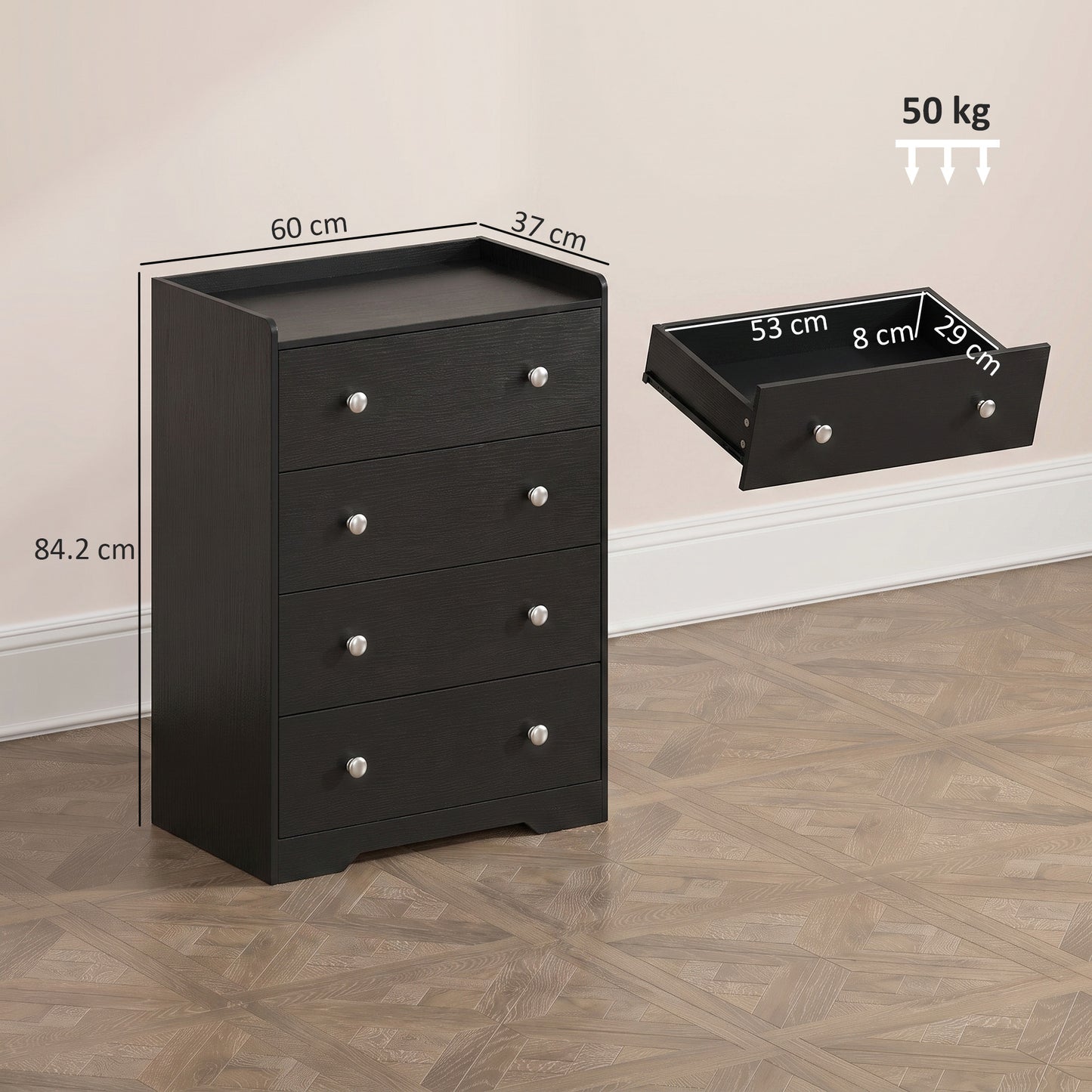 4 Drawer Chest of Drawers, Storage Cabinet, Black Wood Effect