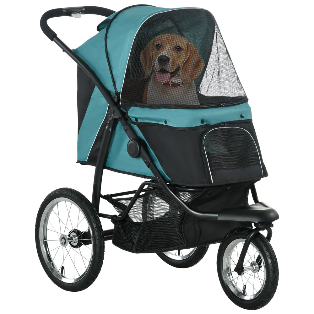 Pet Stroller Jogger for Medium, Small Dogs, Foldable Cat Pram Dog Pushchair w/ Adjustable Canopy, 3 Big Wheels - Green