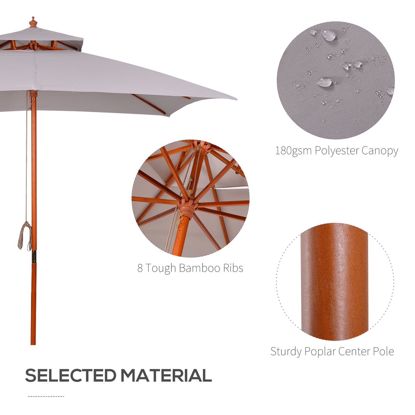 3(m) Wood Square Umbrella Garden Market Parasol Sunshade Grey
