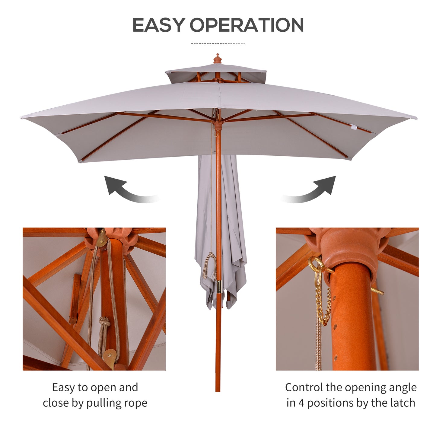 3(m) Wood Square Umbrella Garden Market Parasol Sunshade Grey