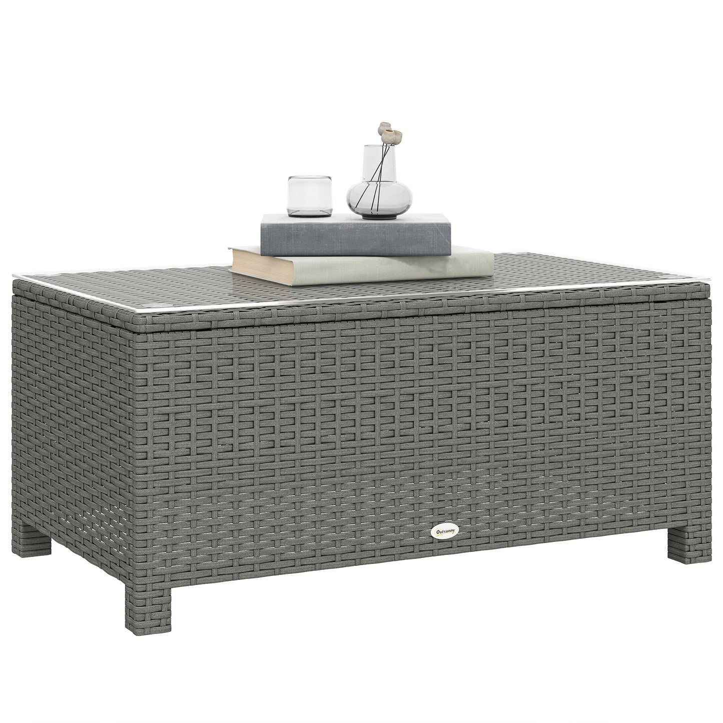 Garden Rattan Side Table, Wicker Coffee Desk, Glass Top, Light Grey