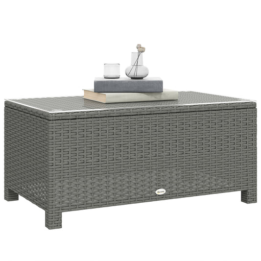 Garden Rattan Side Table, Wicker Coffee Desk, Glass Top, Light Grey