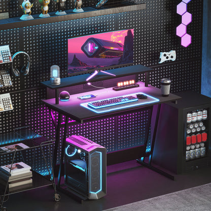 LED Gaming Desk with Power Outlets and Monitor Stand 100 x 60cm Black