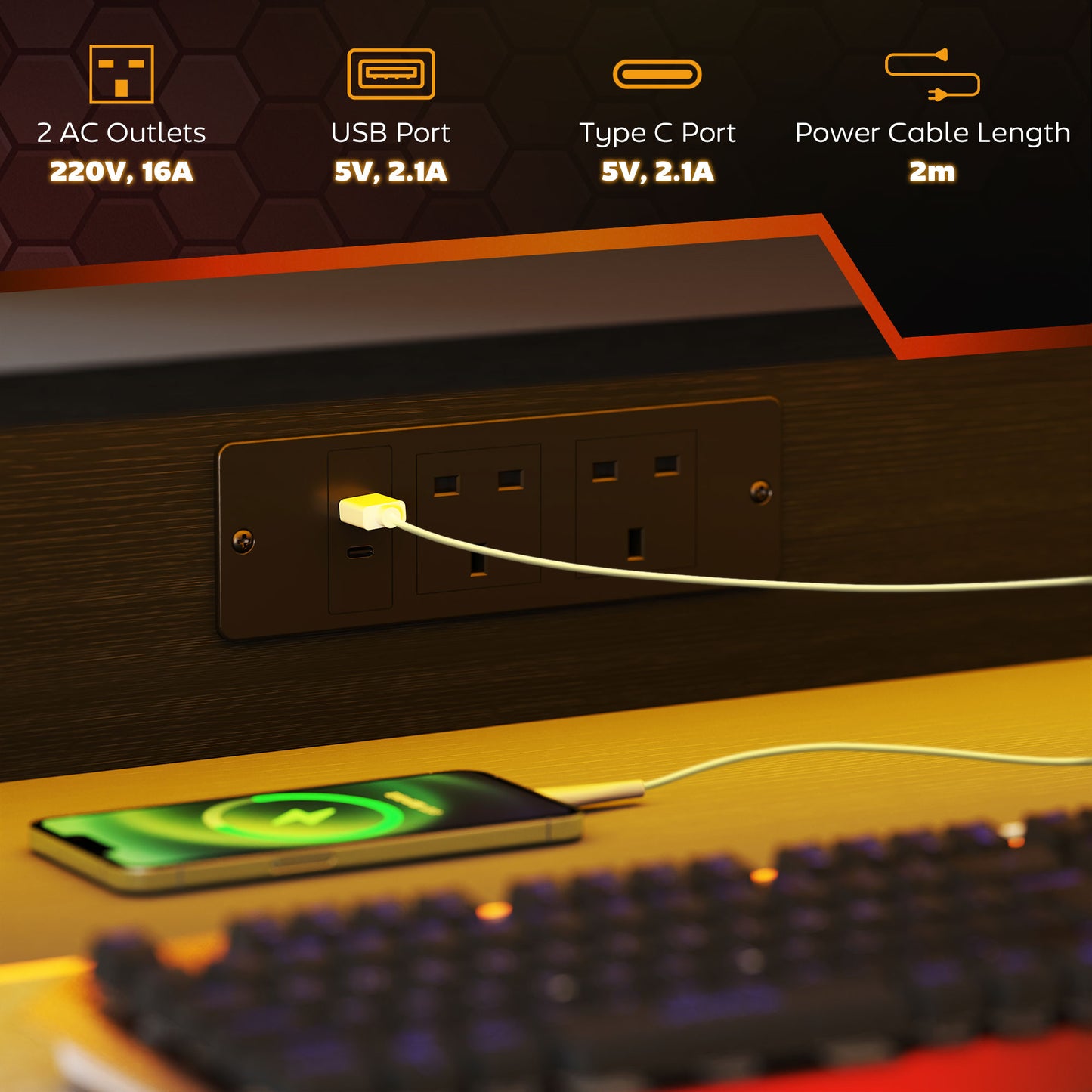 LED Gaming Desk with Power Outlets and Monitor Stand 100 x 60cm Black