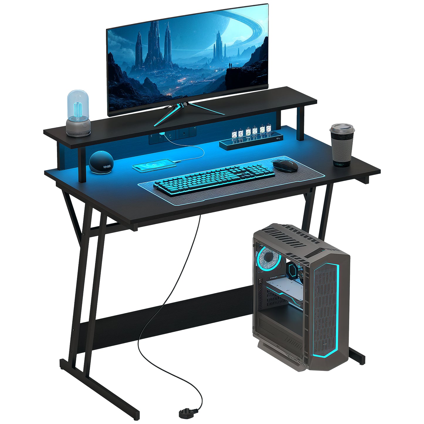 LED Gaming Desk with Power Outlets and Monitor Stand 100 x 60cm Black