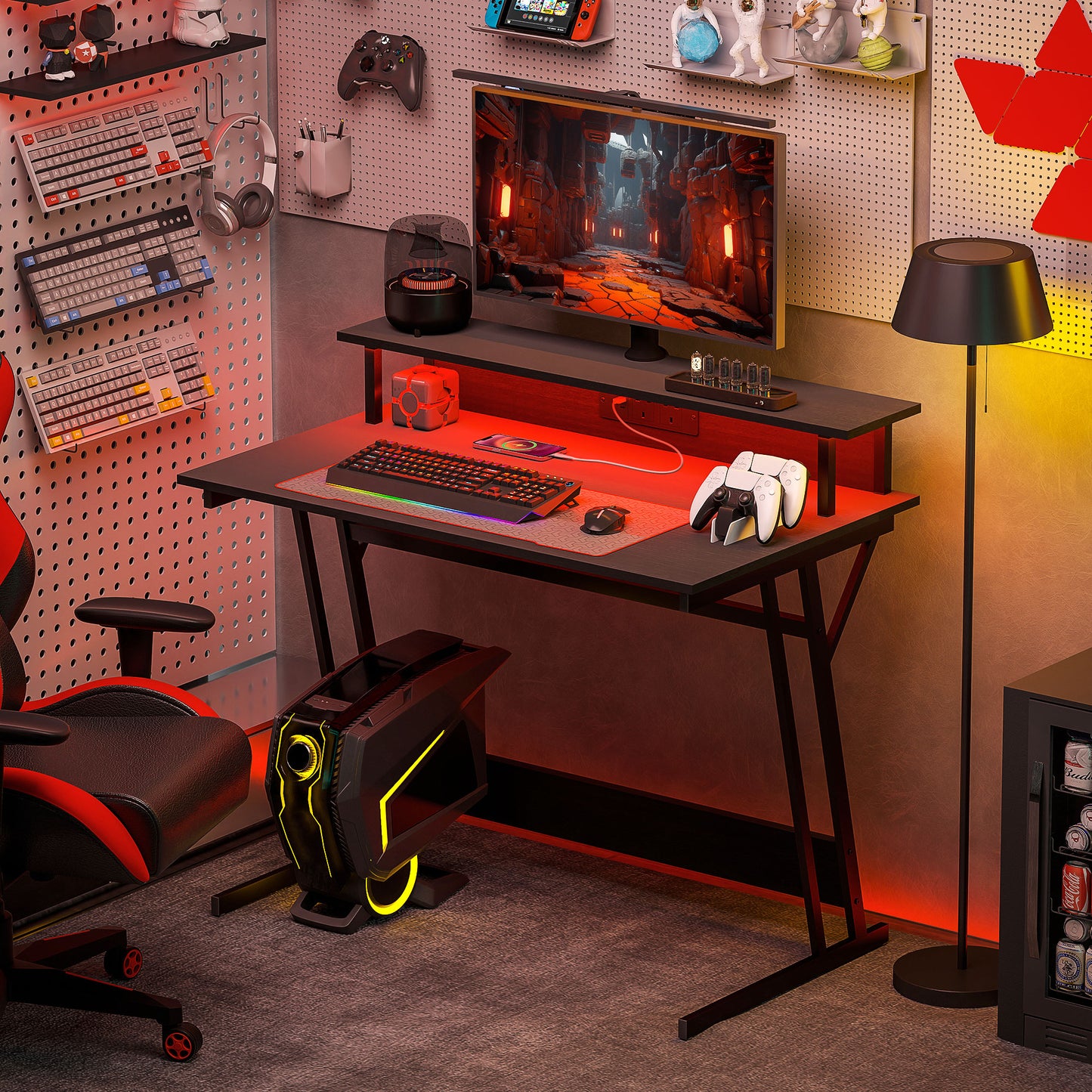 LED Gaming Desk with Power Outlets and Monitor Stand 100 x 60cm Black