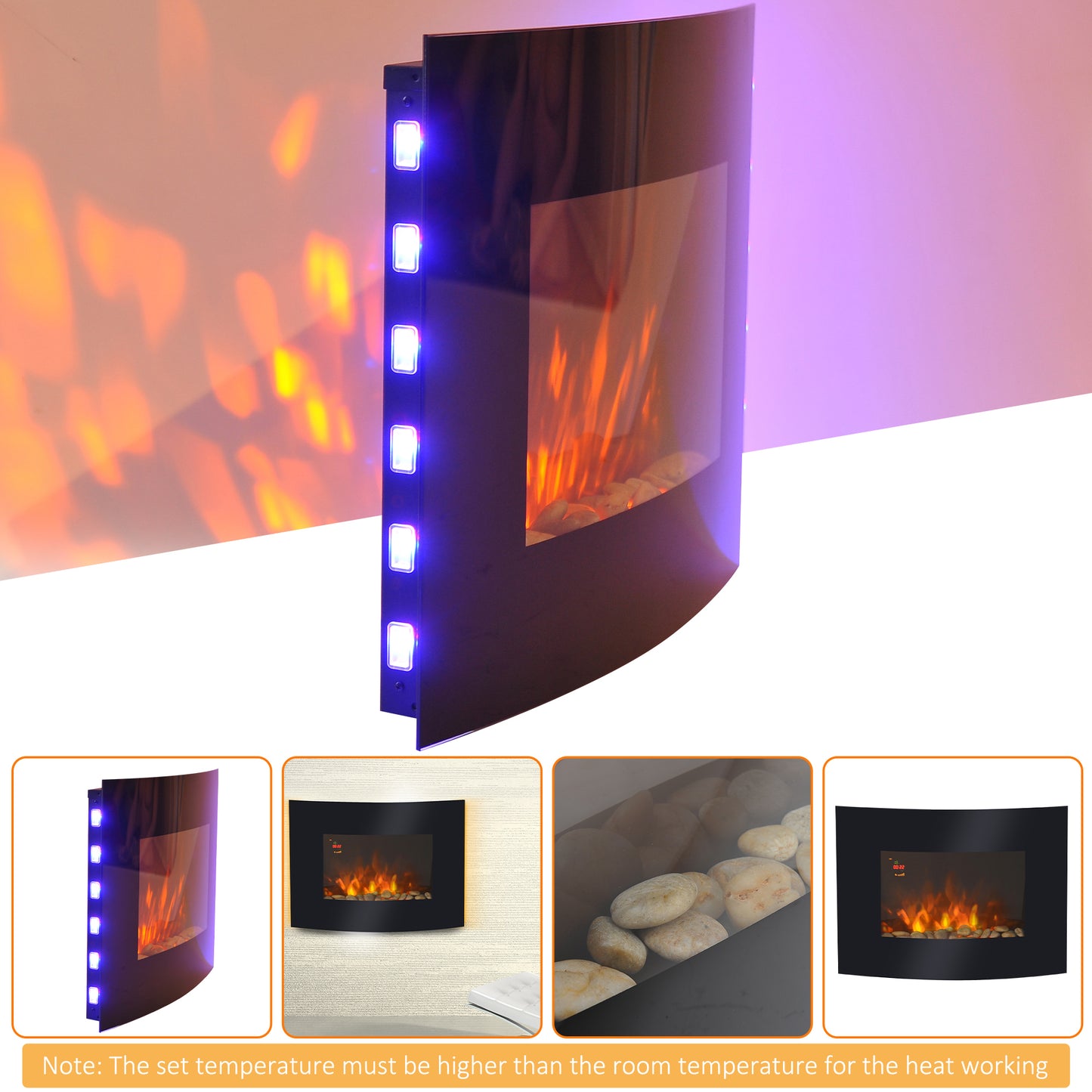 Led Curved Glass Electric Wall Mounted Fire Place Fireplace Heater