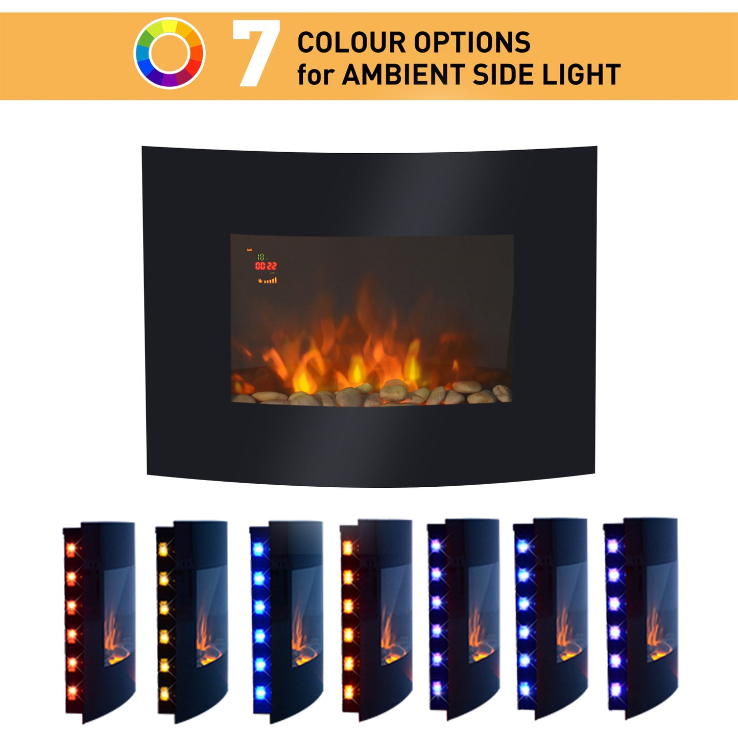 Led Curved Glass Electric Wall Mounted Fire Place Fireplace Heater