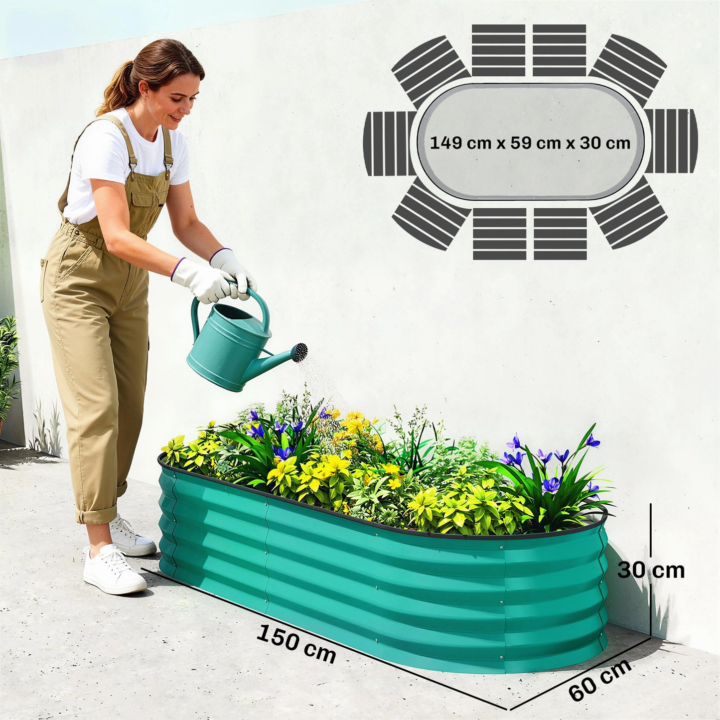 Set of 2 Raised Beds for Garden with Metal Plant Stakes, Green