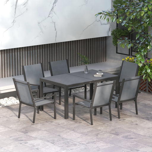 7 Pieces Garden Dining Set with Wood-plastic Composite Dining Table, and 6 Stackable Armchairs with Breathable Mesh Fabric