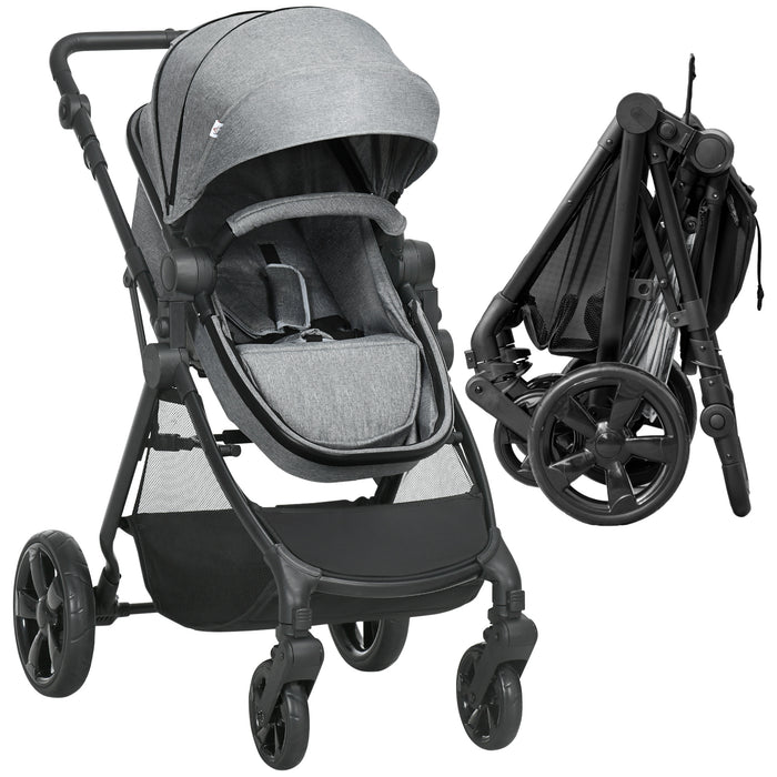 2 in 1 Lightweight Pushchair w/ Reversible Seat, Foldable Travel Baby Stroller w/ Fully Reclining From Birth to 3 Years, 5-point Harness Grey