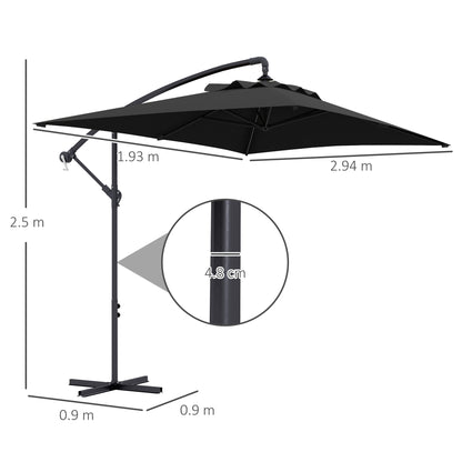 3x2m Cantilever Parasol with Cross Base, Banana Parasol with Crank Handle and 6 Ribs, Rectangular Hanging Patio Umbrella