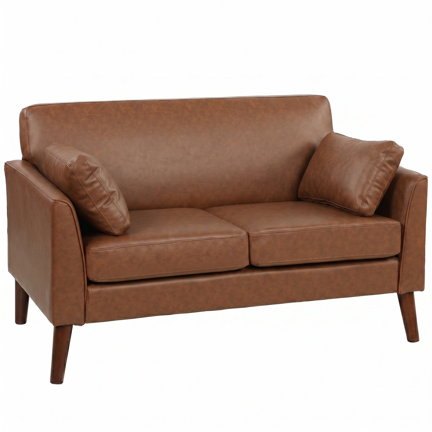 2 Seater Sofa, 132 cm Modern Small Sofa, PU Leather Upholstered Loveseat with Solid Wood Legs and 2 Pillows, Couch Settee for Small Space, Living Room, Bedroom, Home Office, Brown