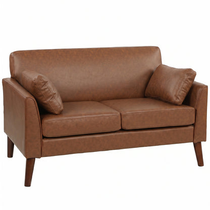 2 Seater Sofa, 132 cm Modern Small Sofa, PU Leather Upholstered Loveseat with Solid Wood Legs and 2 Pillows, Couch Settee for Small Space, Living Room, Bedroom, Home Office, Brown