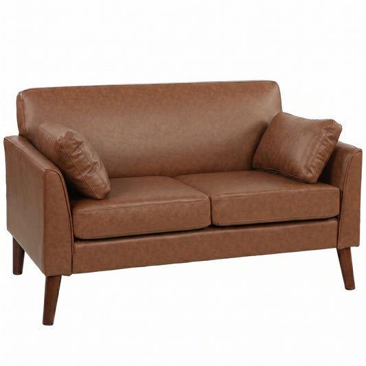 2 Seater Sofa, 132 cm Modern Small Sofa, PU Leather Upholstered Loveseat with Solid Wood Legs and 2 Pillows, Couch Settee for Small Space, Living Room, Bedroom, Home Office, Brown
