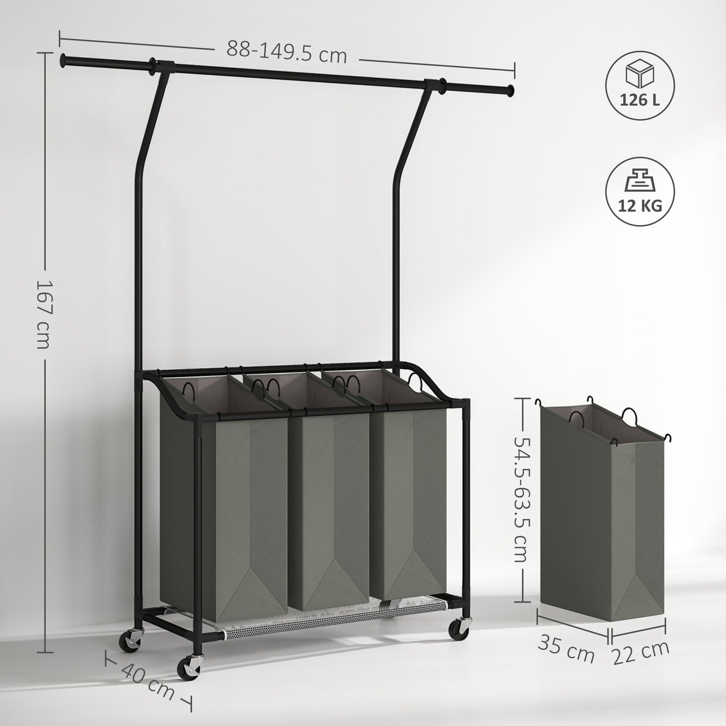 126L Laundry Sorter, Laundry Basket with 3-Bag Organiser, Dark Grey