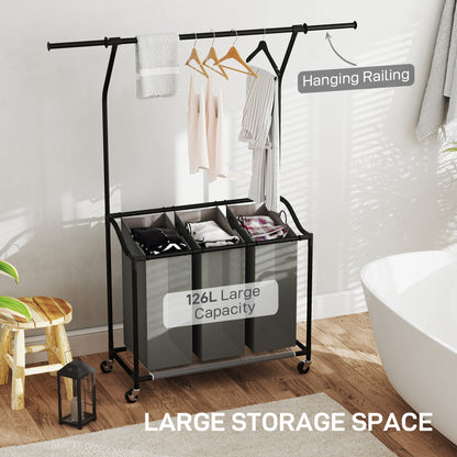 126L Laundry Sorter, Laundry Basket with 3-Bag Organiser, Dark Grey