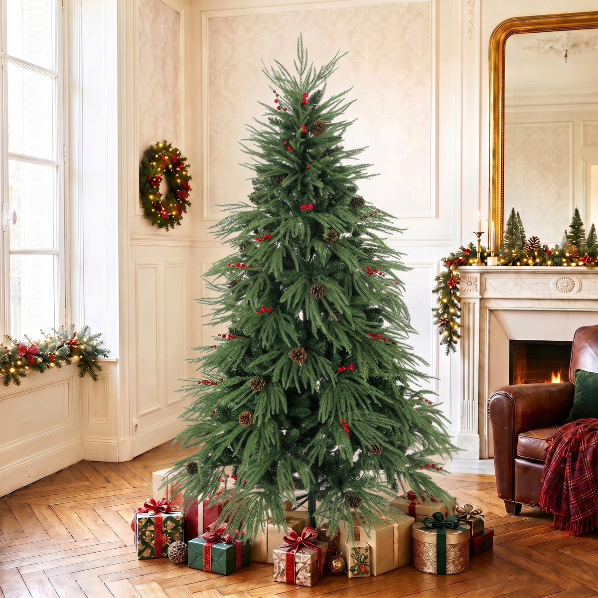 6ft Predecorated Artificial Christmas Tree, Hinged Xmas Tree, Green
