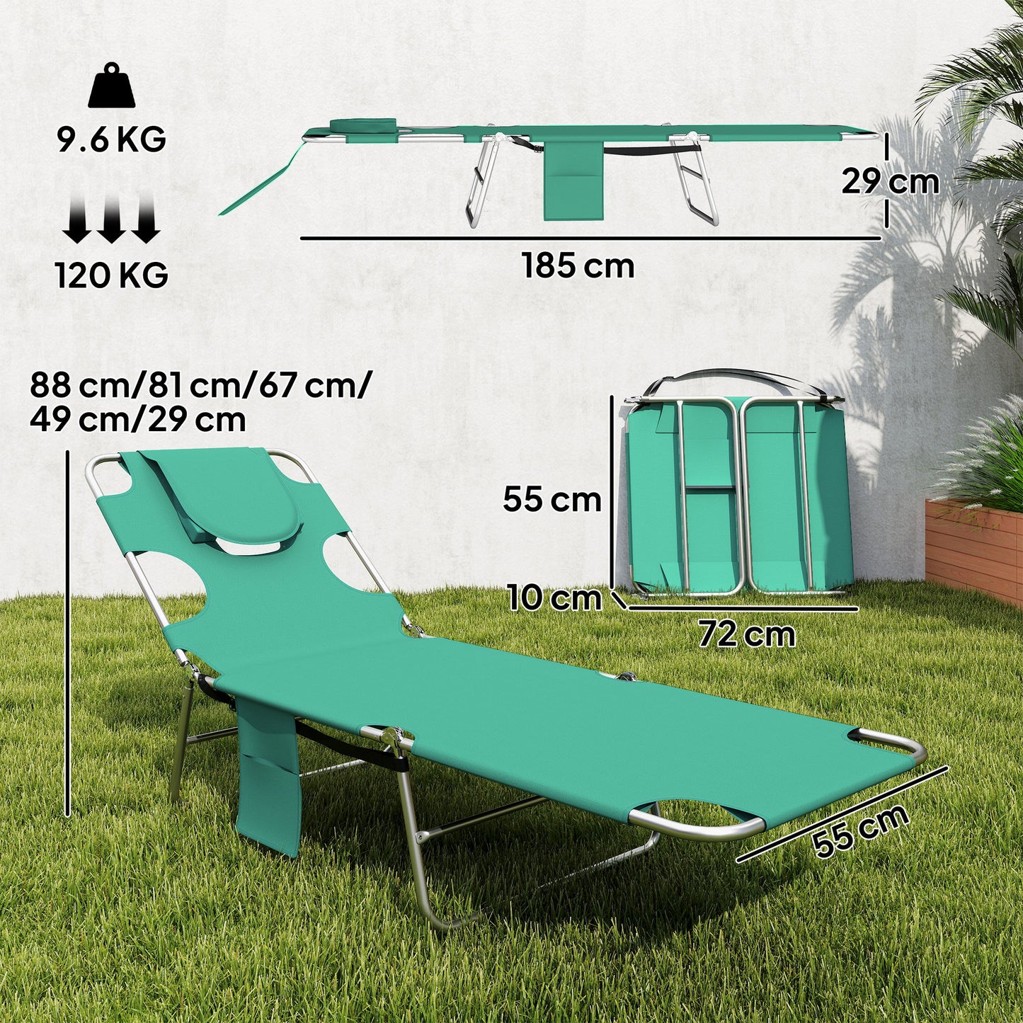 2 Sun Loungers with Reading Hole, Folding Garden Lounger, Green