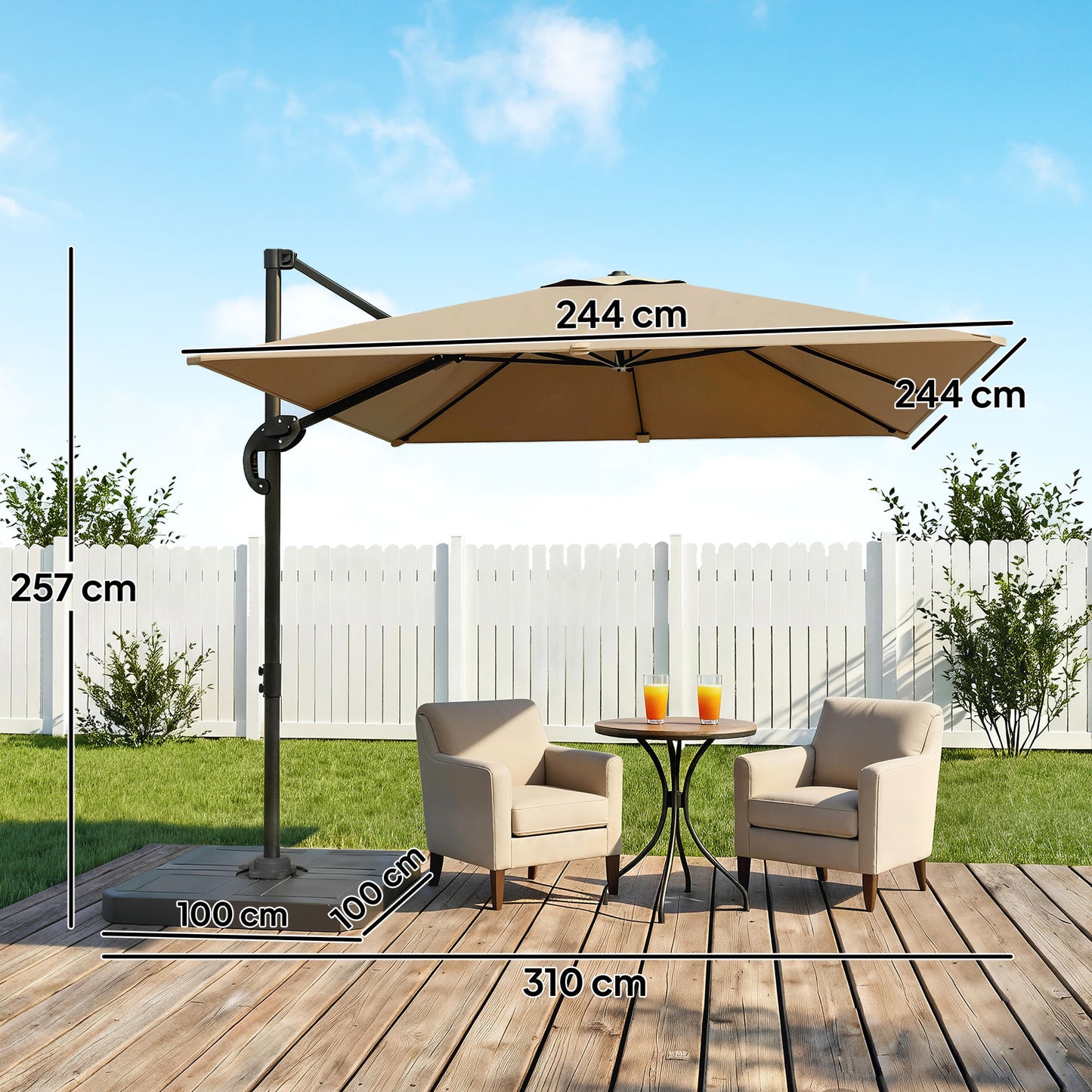 2.4 x 2.4 m Cantilever Parasol w/ Umbrella Weights, Khaki