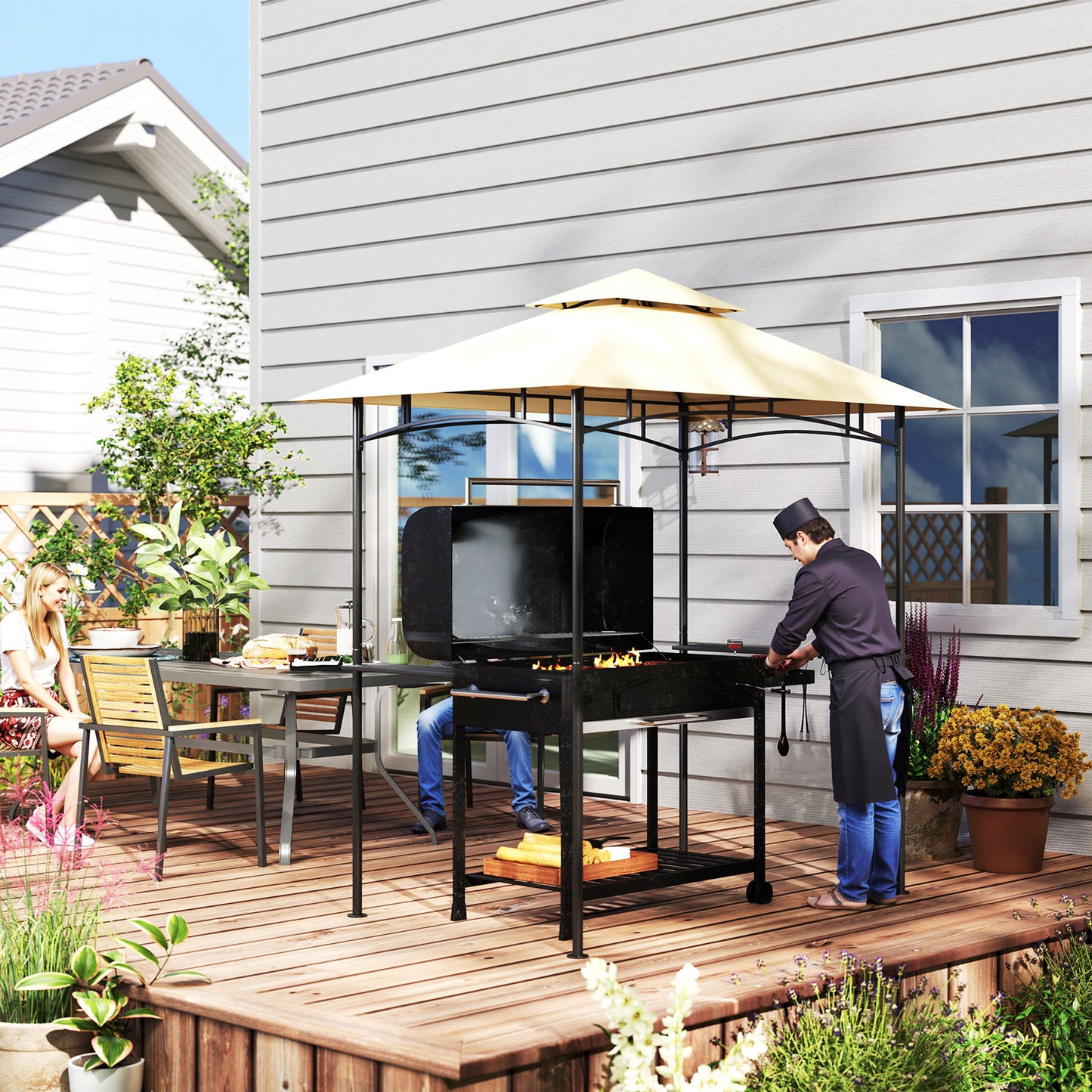 8' x 5' Grill Gazebo, Double Tiered Outdoor BBQ Shelter, Beige