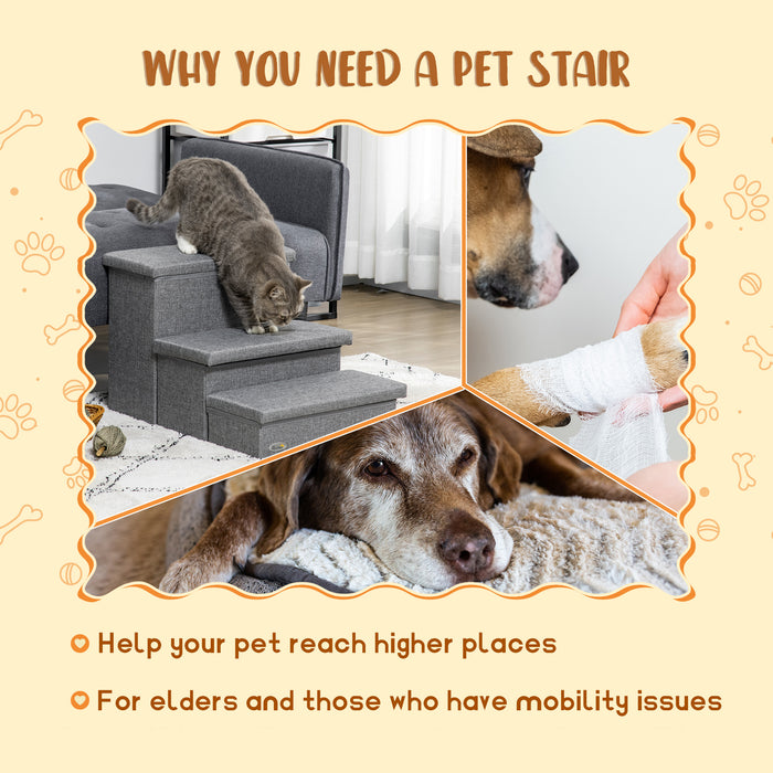 3 Step Dog Steps with Storage Boxes, Cat Stairs for Bed Sofa, Light Grey