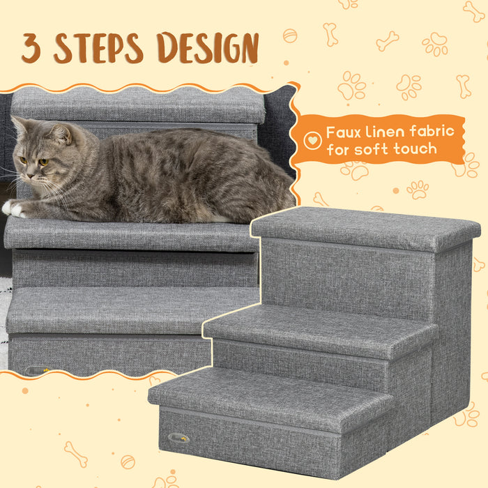 3 Step Dog Steps with Storage Boxes, Cat Stairs for Bed Sofa, Light Grey