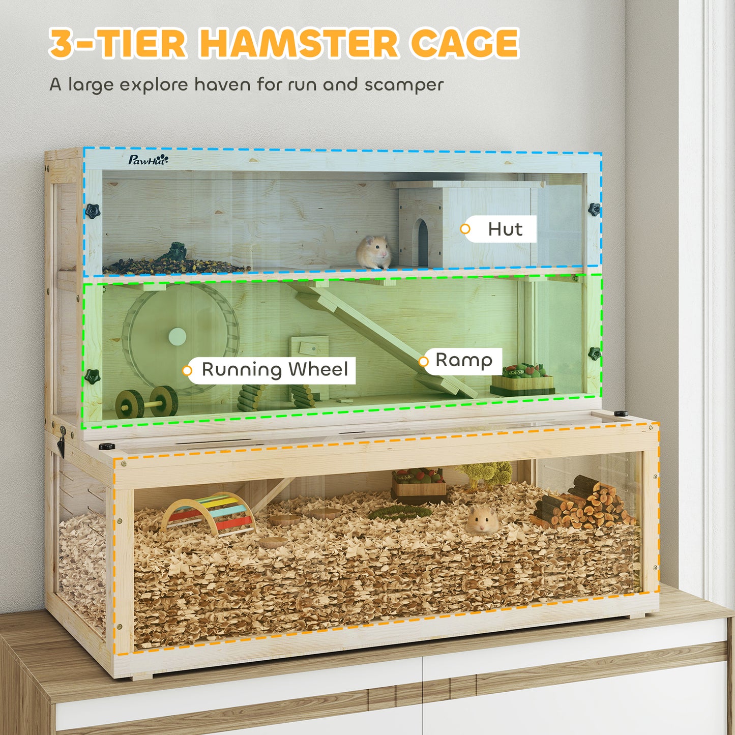 Wooden Hamster Cage, Large Gerbil Cage with Hut, Wheel, Ramps, 3 Tier Small Animal Habitat with Removable Viewing Panels, 100 x 50 x 84 cm, Natural Wood