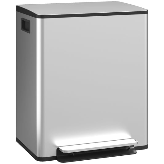 2 x 25L Double Kitchen Bin, Pedal Bin with Soft-Close Lid, Silver