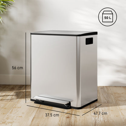 2 x 25L Double Kitchen Bin, Pedal Bin with Soft-Close Lid, Silver