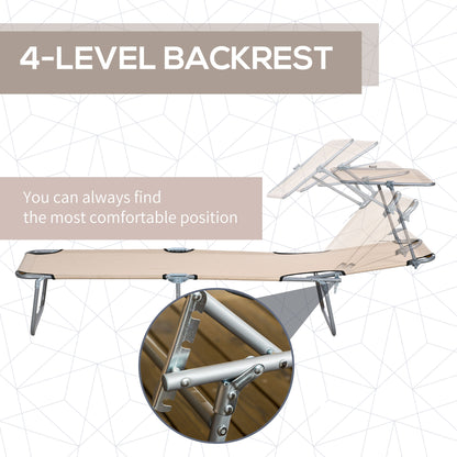 Outdoor Foldable Sun Lounger Set of 2, 4 Level Adjustable Backrest Reclining Sun Lounger Chair with Angle Adjust Sun Shade Awning for Beach, Garden, Patio, Brown