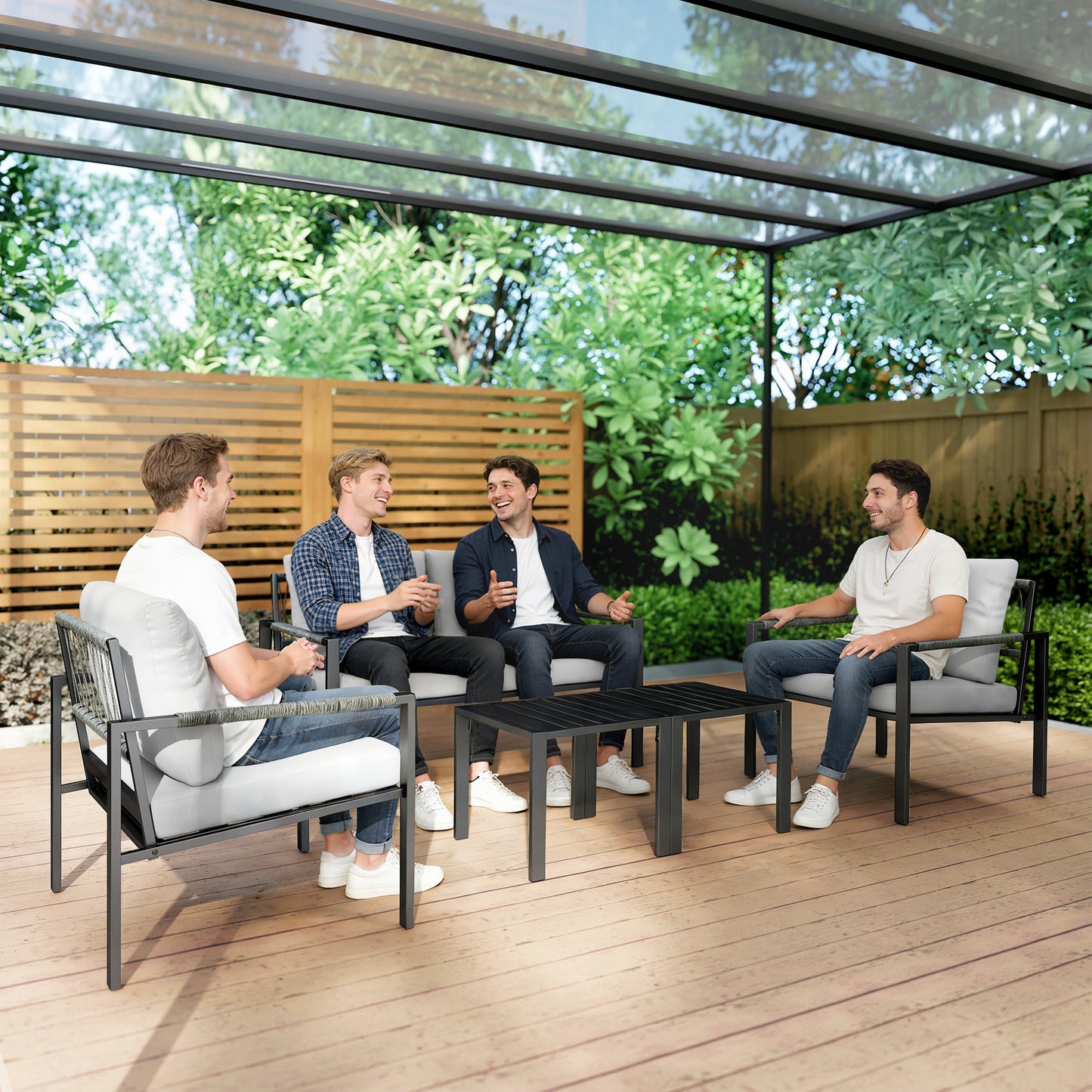 5 Piece Metal Garden Furniture Sofa Set with Cushions, Light Grey