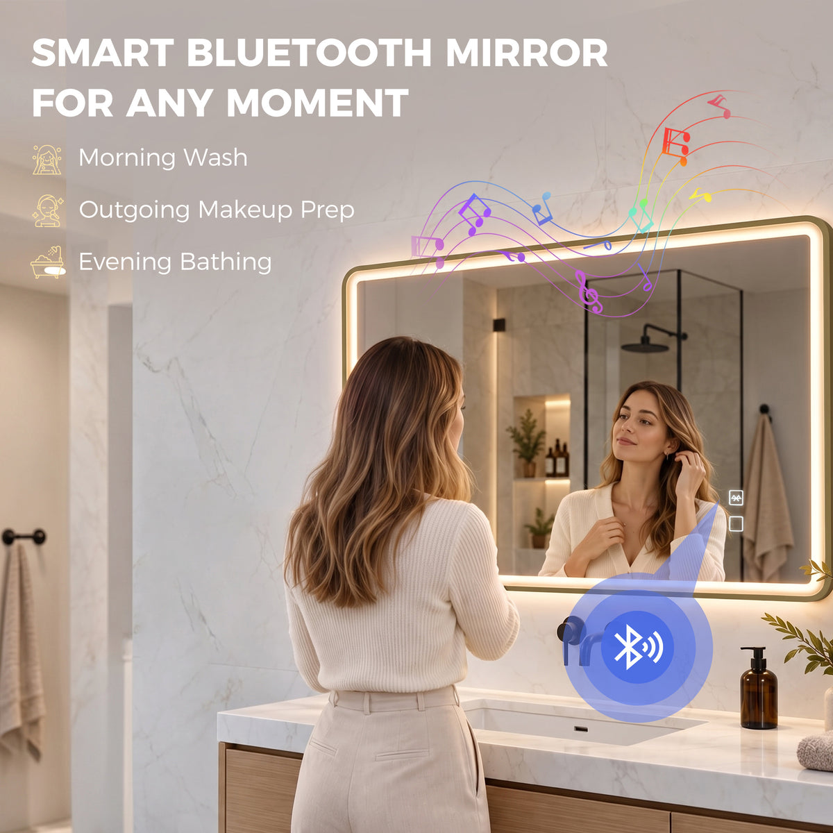 100 x 70cm Rectangular LED Bathroom Mirror with Bluetooth Speaker and Demister - Gold Tone
