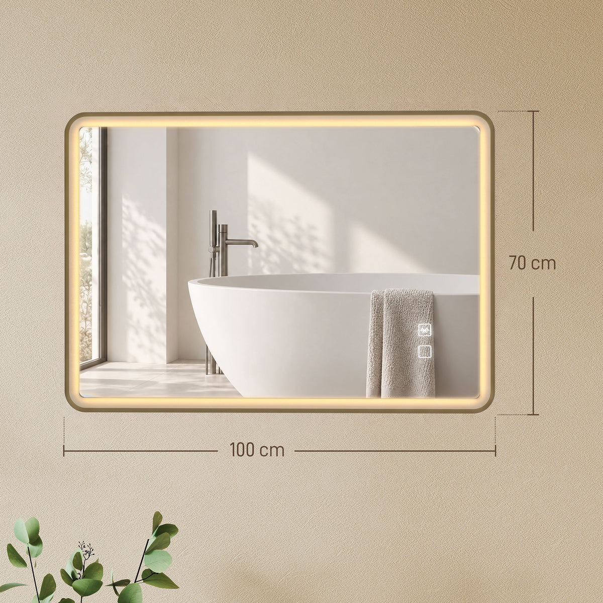 100 x 70cm Rectangular LED Bathroom Mirror with Bluetooth Speaker and Demister - Gold Tone