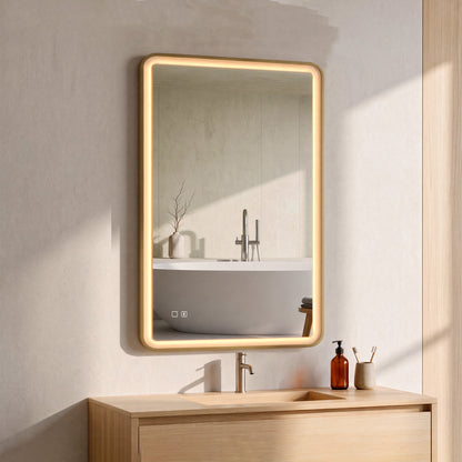 100 x 70cm Rectangular LED Bathroom Mirror with Bluetooth Speaker and Demister - Gold Tone