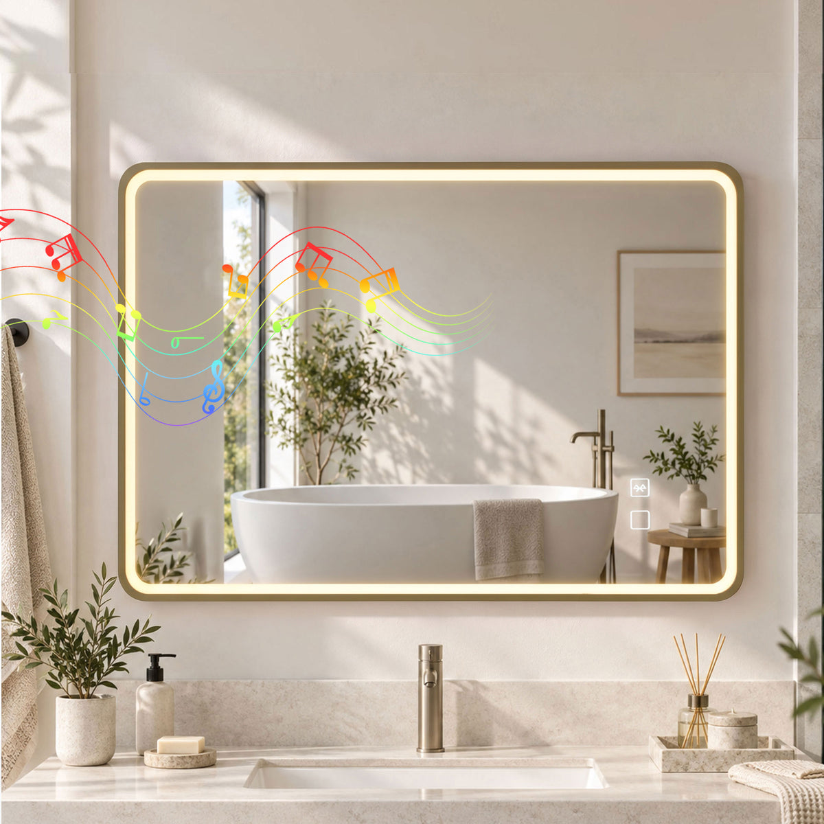 100 x 70cm Rectangular LED Bathroom Mirror with Bluetooth Speaker and Demister - Gold Tone