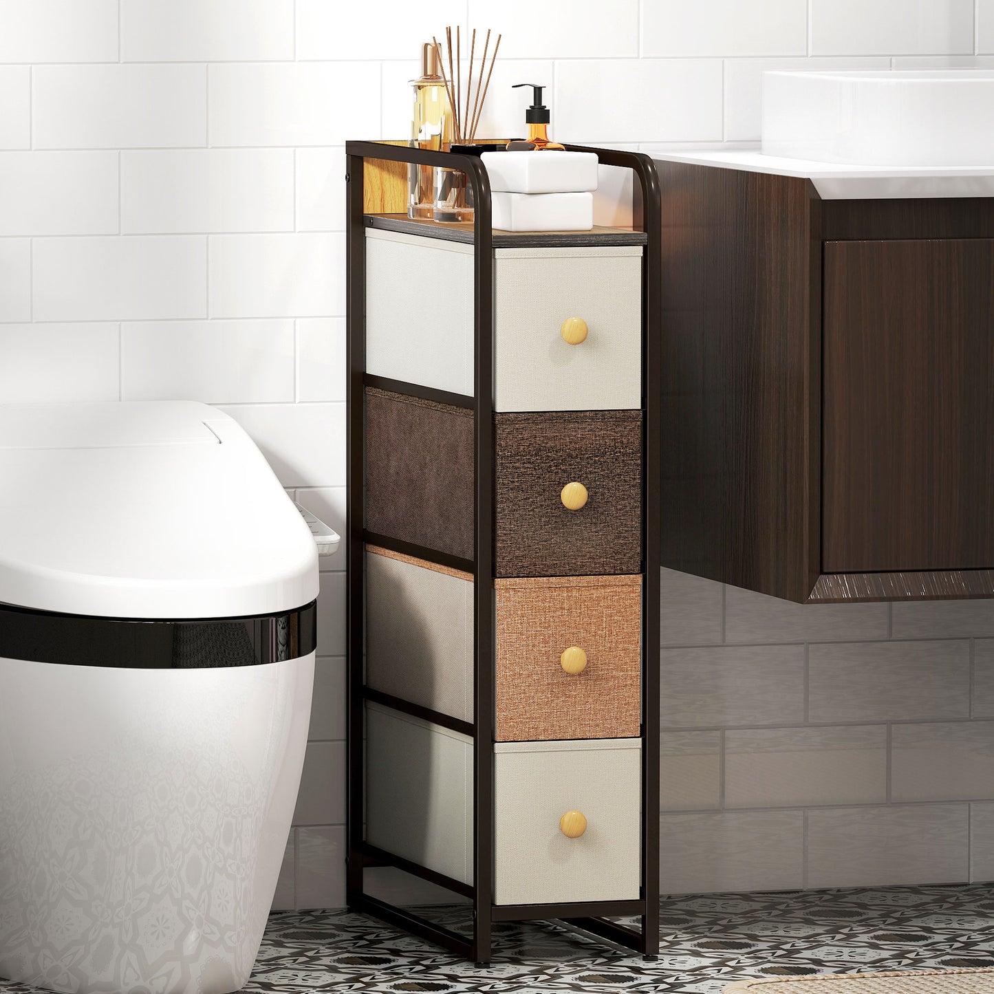 4-Drawer Storage Organiser Unit with Steel Frame, Mixed-Brown